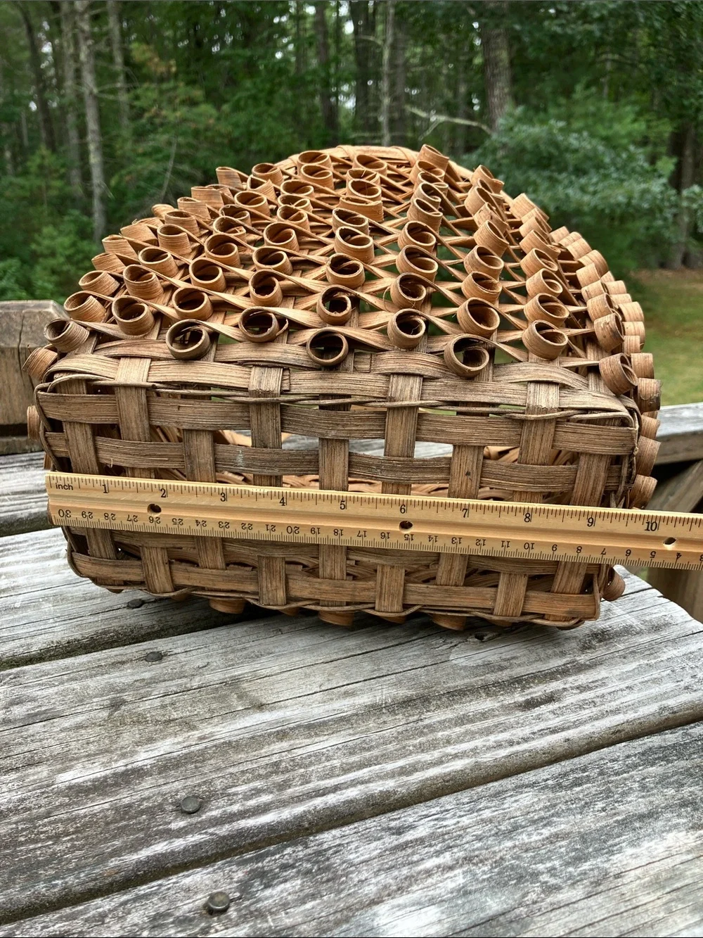 Mid 20th-Century Ash Splint Curly Weave Basket Porcupine Maine